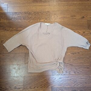 Ribbed V-Neck Knot Hem Women’s Top - Beige